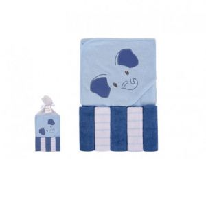 Luvable Friends Hooded Towel & 5Pcs Washcloths Blue Elephant